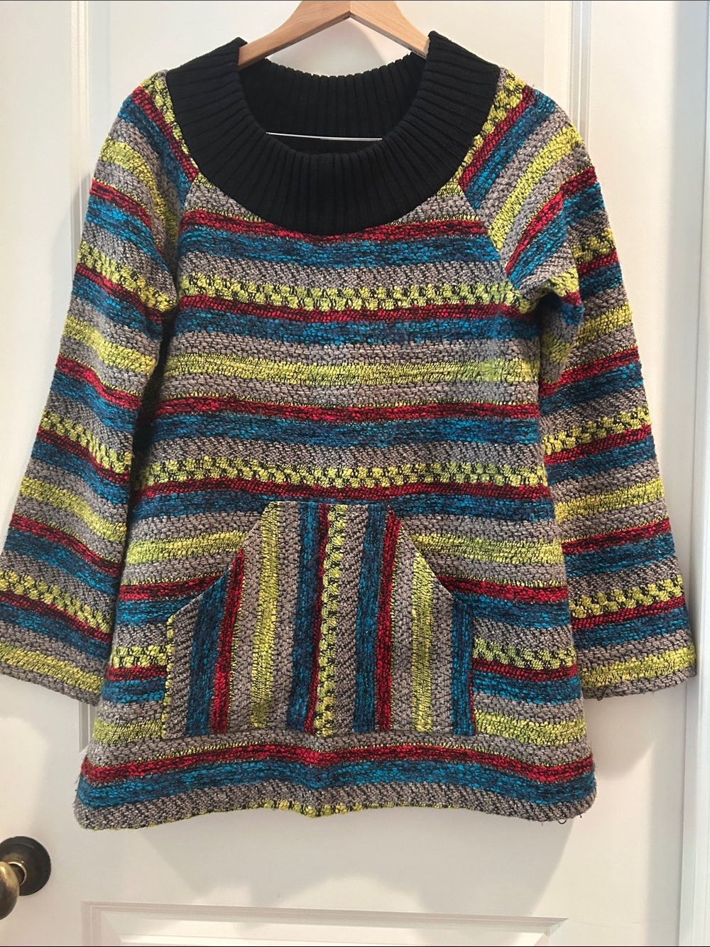 Annelore pullover Striped Multicolor Knit Sweater Rib Collar front pouch size 4
